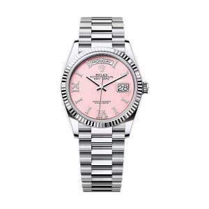 Rolex Day-Date 36mm Pink Dial White Gold Diamond Watch Oyster 128239