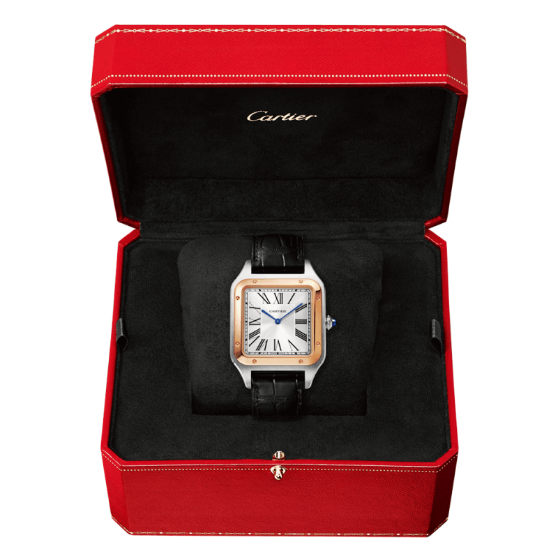 Santos-Dumont XL Steel & 18ct Rose Gold Silver Dial Leather Strap Watch - Image 2