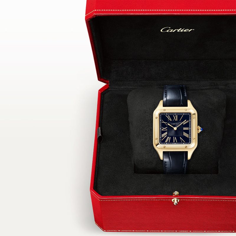 Santos-Dumont Large 18ct Yellow Gold Blue Dial Strap Watch - Image 4